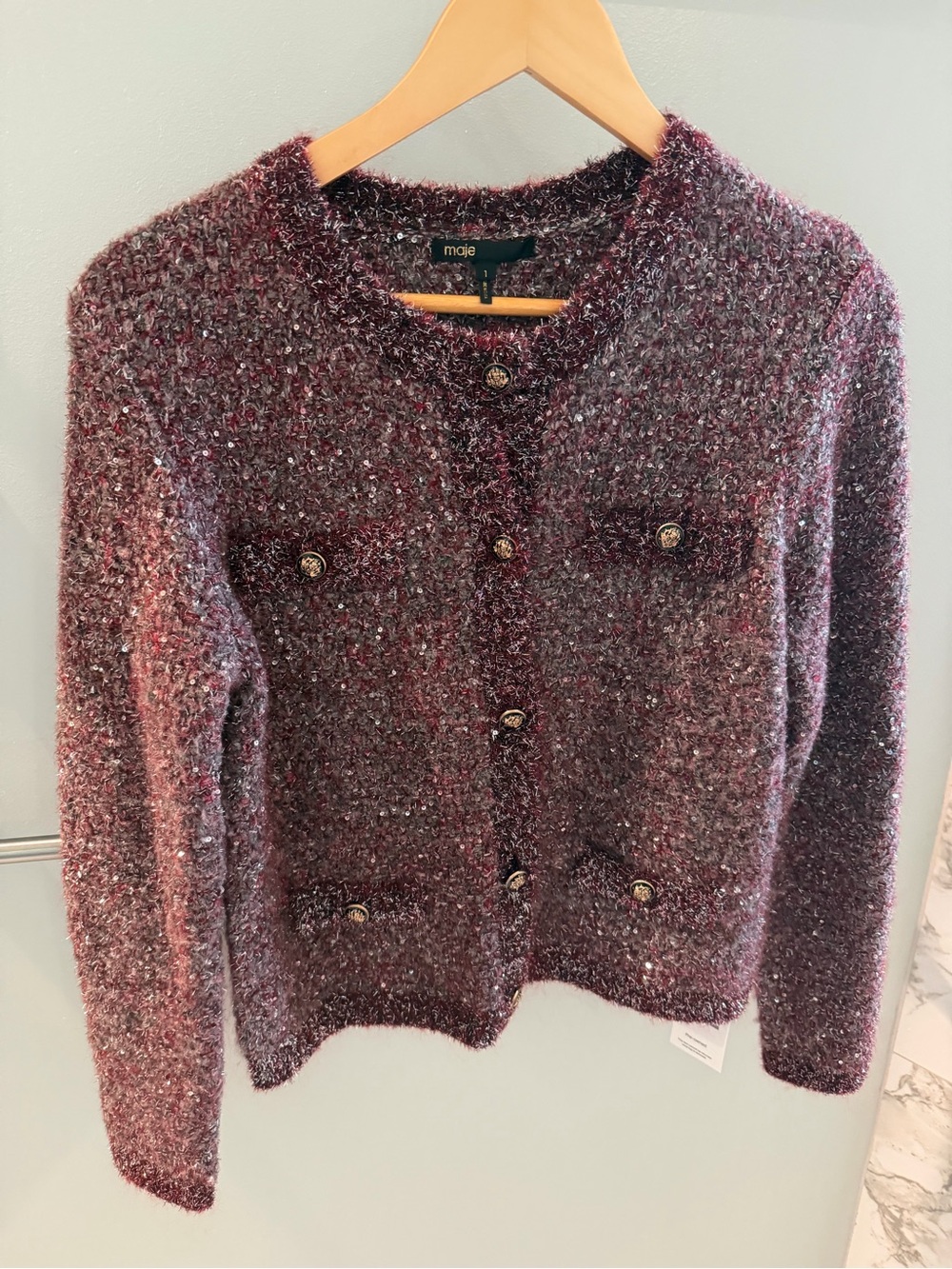 Maje Bouclé Cardigan Sweater in Burgundy with Gold Buttons